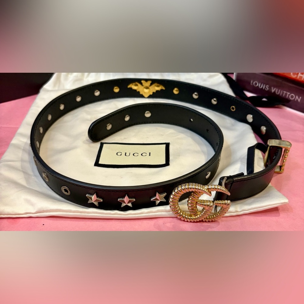 GUCCI Black Leather Double G Buckle Studded Belt Accents and Bat Detail🔥 EUC!! - Picture 15 of 16